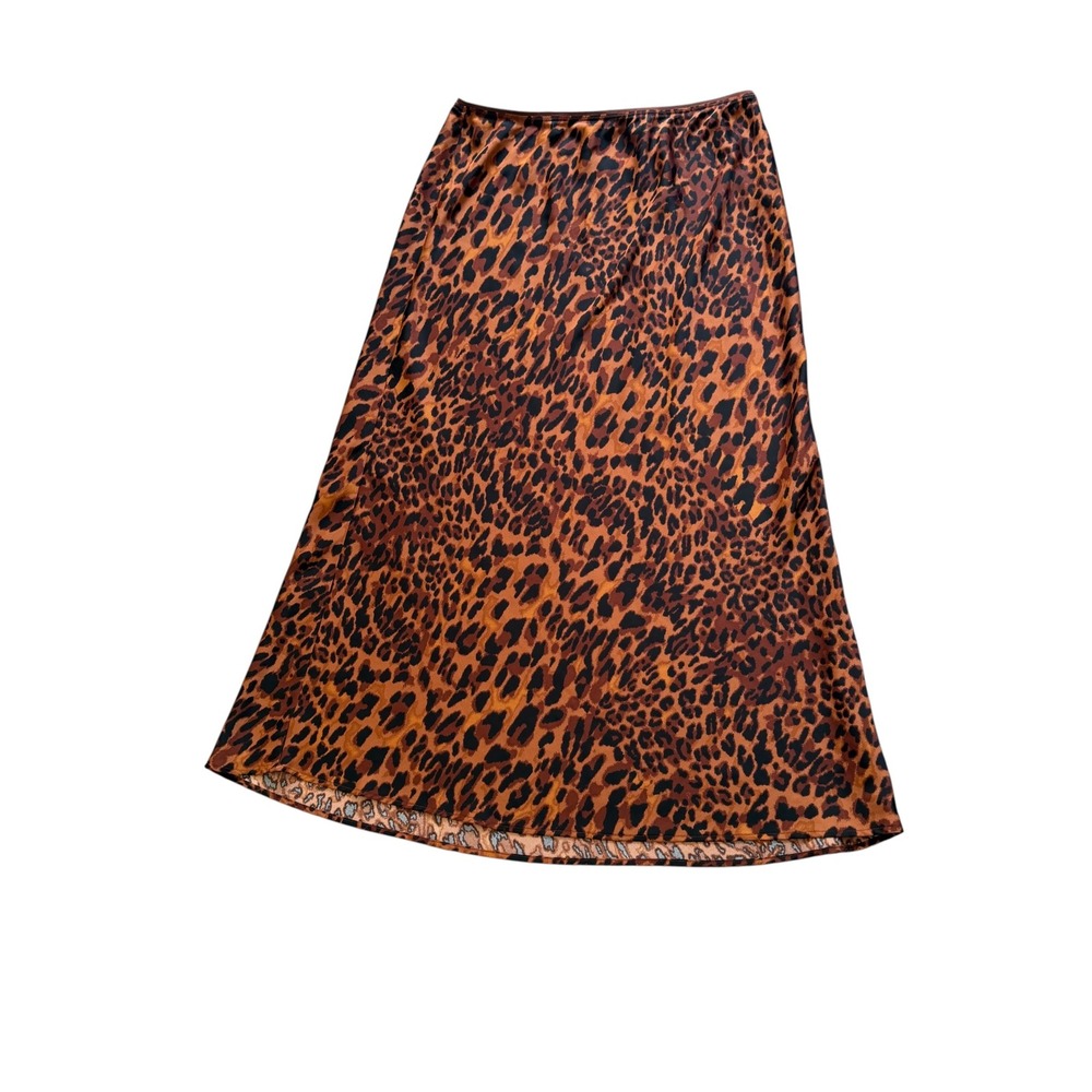A New Day Leopard Print Maxi Skirt XL Brown Black Animal Satin Feel Slip Skirt
